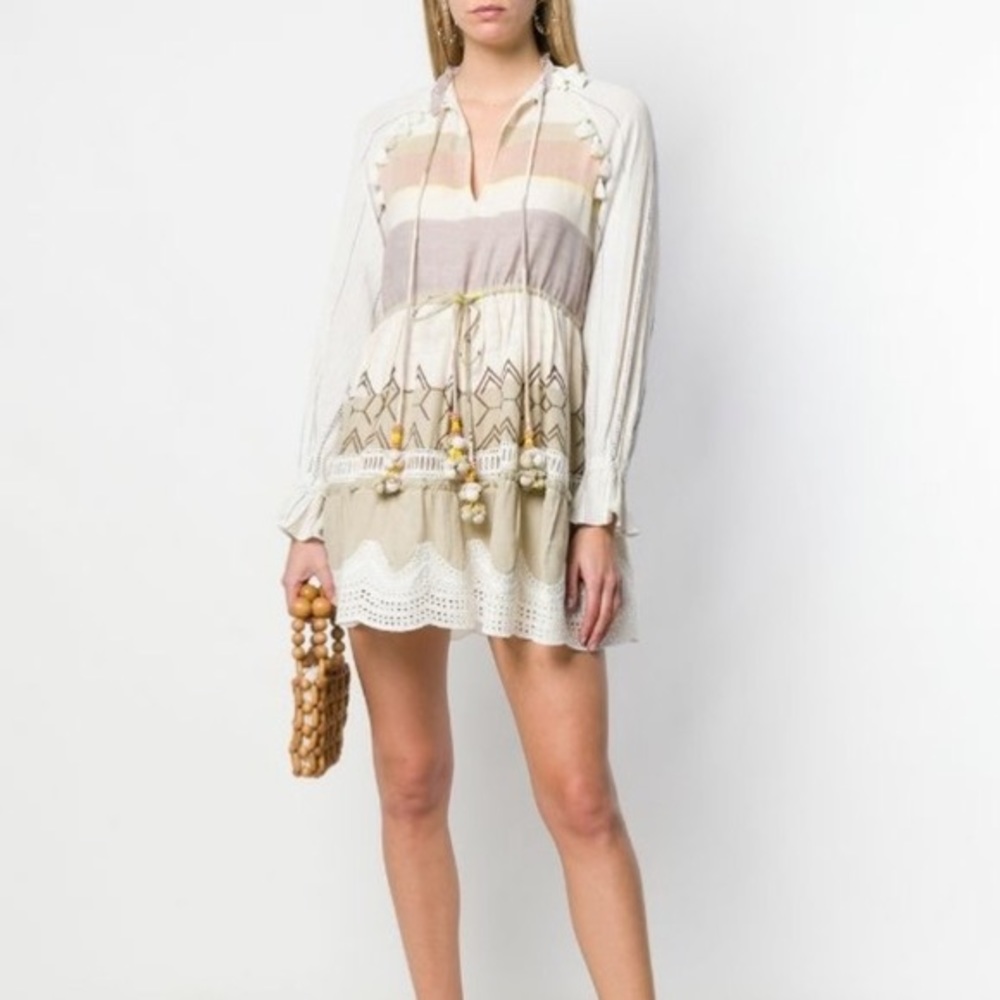 Hemant & Nandita Mana Stripe Ivory Mini Long Sleeve Tassel Dress Size M NWOT